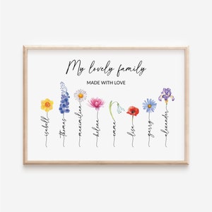 Individually designed family picture, watercolor art print, personalized bouquet birth flowers birthday gift portrait garden