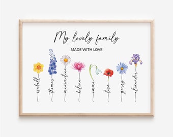 Individually designed family picture, watercolor art print, personalized bouquet birth flowers birthday gift portrait garden