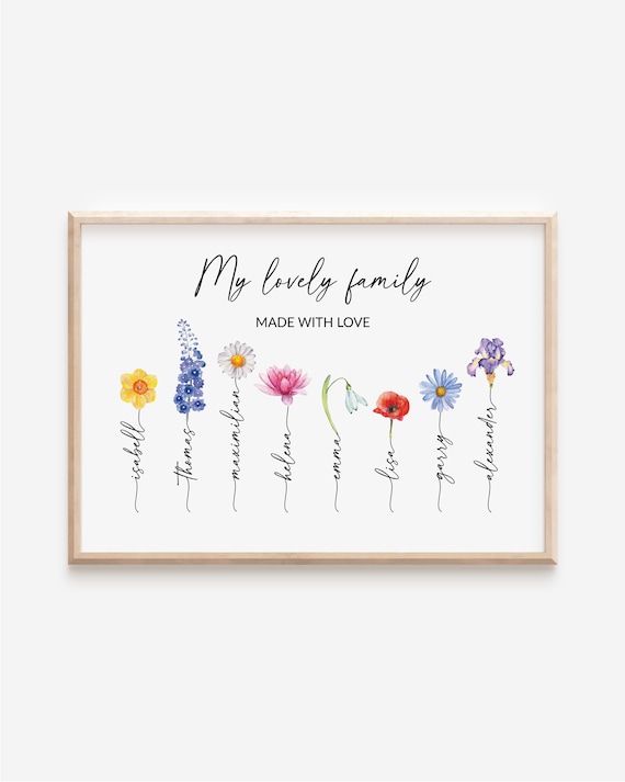 Individually designed family picture, watercolor art print, personalized bouquet birth flowers birthday gift portrait garden