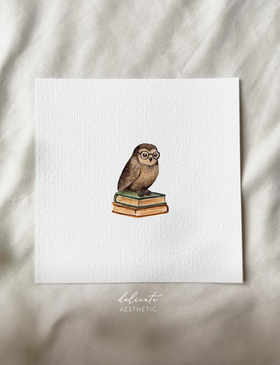 The Owl's Library - Miniature Art Print - Print from my original watercolor | DelicateAesthetic