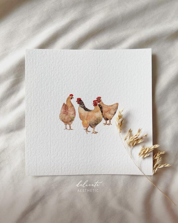 Chickens | Miniature art print | Print from my original watercolor | DelicateAesthetic