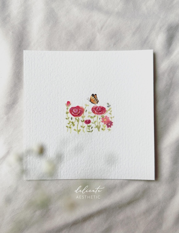 Fluttering Poetry: Butterfly on the Flower Field | Miniature Art Print | Print after my Original Watercolor | DelicateAesthetic