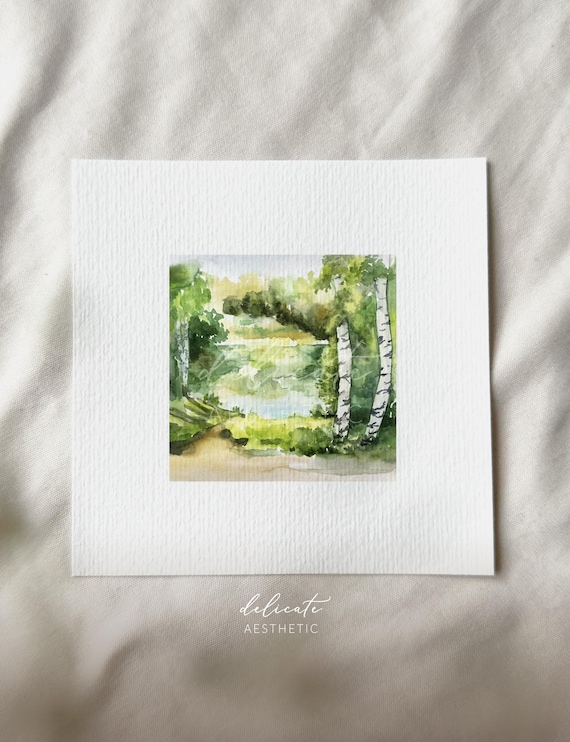 A Green Fairytale: Birch Forest Landscape | Miniature Art Print | Print from my Original Watercolor | DelicateAesthetic