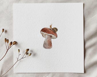 Mushroom Hike: Snail and Mushroom | Miniature Watercolor Art Print | Print from my Original Watercolor | DelicateAesthetic