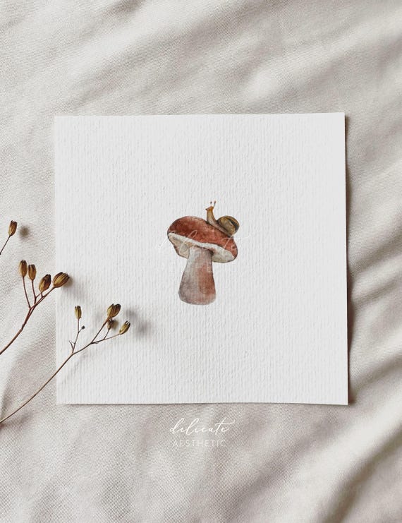 Mushroom Hike: Snail and Mushroom | Miniature Watercolor Art Print | Print from my Original Watercolor | DelicateAesthetic