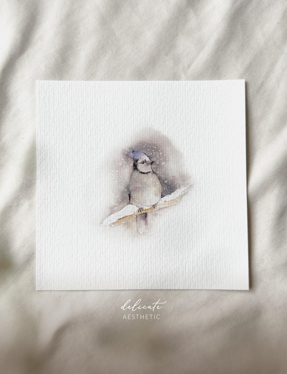 The Winter King: Jay on a Branch - Miniature Art Print - Print from my Original Watercolor | DelicateAesthetic