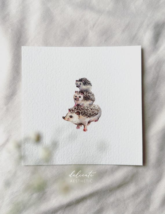 Heartfelt Spike Tower: Hedgehog Family - Miniature Art Print - Print after my original watercolor | DelicateAesthetic