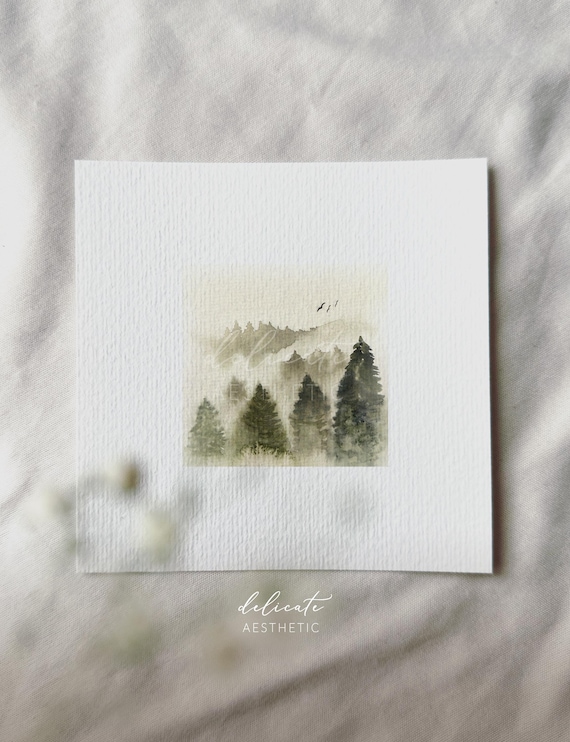 Mysterious forest panorama - miniature art print - print from my original watercolor | DelicateAesthetic