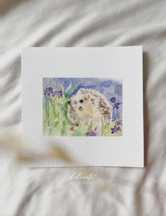 Hedgehog in a Sea of Flowers - Miniature Art Print - Print after my Original Watercolor | DelicateAesthetic