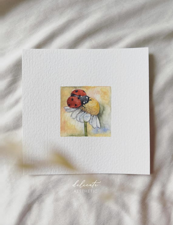 Ladybug on a flower - miniature art print - print from my original watercolor | DelicateAesthetic