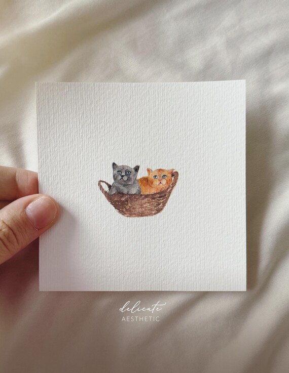 Kitten in a basket - miniature art print - print from my original watercolor | DelicateAesthetic