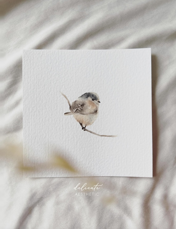 Chirping Beauty: Long-tailed Tit on a Branch - Miniature Art Print - Print after my Original Watercolor | DelicateAesthetic
