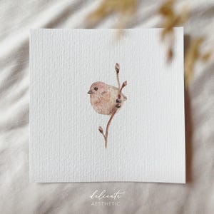 Gevederde tederheid: Een vogel in stille pracht - miniatuur kunstdruk - druk naar mijn originele aquarel | Delicate esthetiek