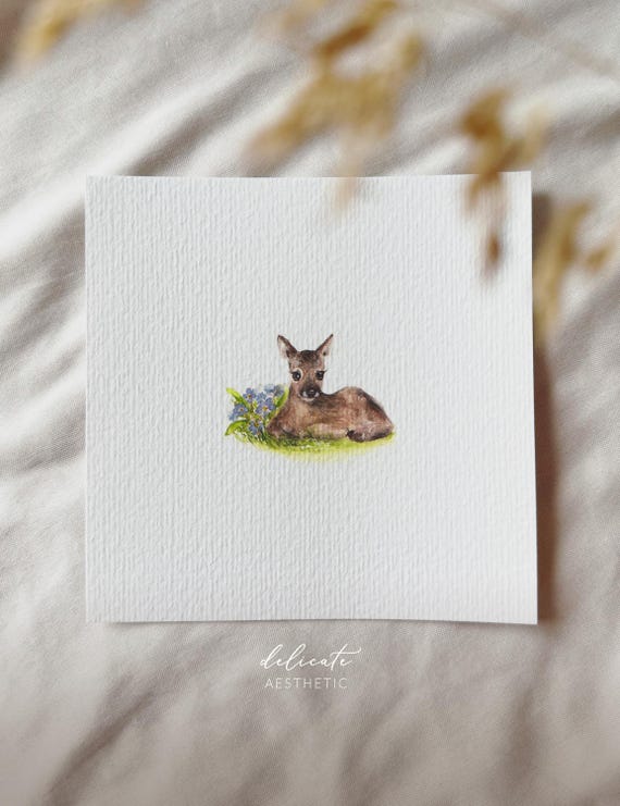 Fawn on the flower field | Miniature art print | Print after my original watercolor | DelicateAesthetic