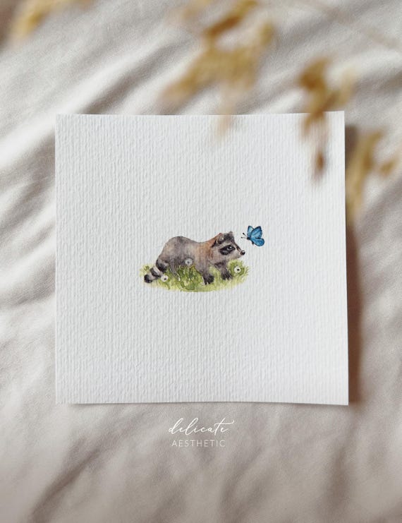 Raccoon and Butterfly - Miniature Art Print - Print from my Original Watercolor | DelicateAesthetic