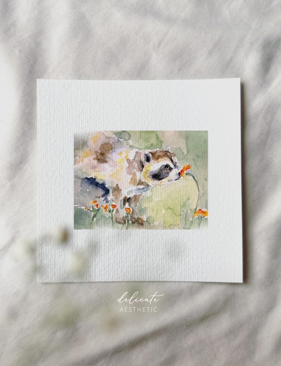 Nose nudge into flower paradise: raccoon | Miniature art print | Print after my original watercolor | DelicateAesthetic