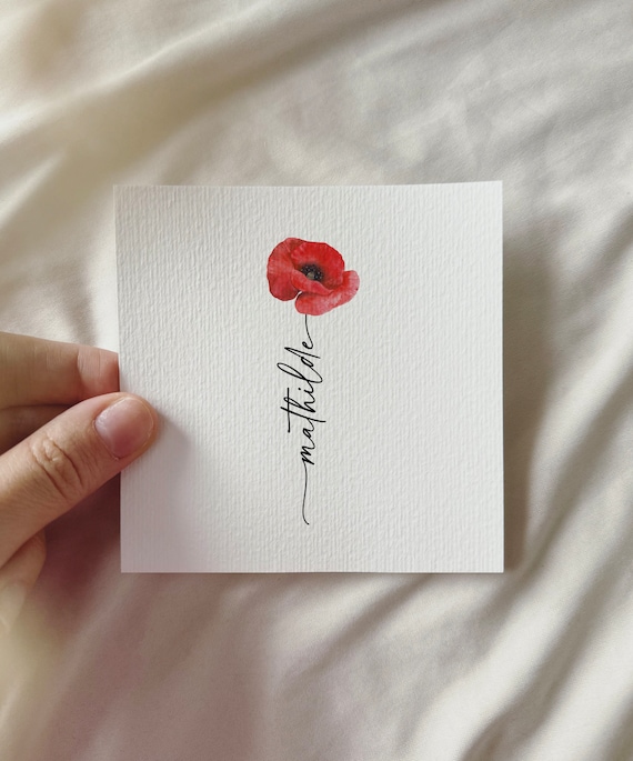 Delicate Watercolor Poppy, Birth Month August, Personalized Miniature Art Print, Gift Birthday Mother's Day Family Valentine's Day