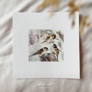 En balade dans la forêt : Moineaux - impression d'art miniature - impression d'après mon aquarelle originale | Esthétique délicate