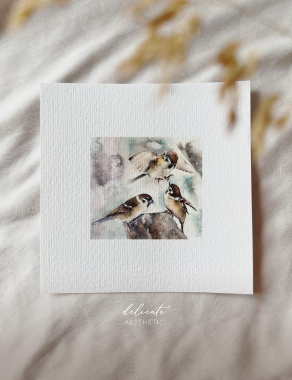 Out and about in the forest: Sparrows - Miniature art print - Print after my original watercolor | DelicateAesthetic