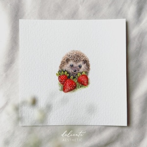 Igel im Erdbeergarten - Miniatur Kunstdruck - Druck nach meinem Original Aquarell | DelicateAesthetic