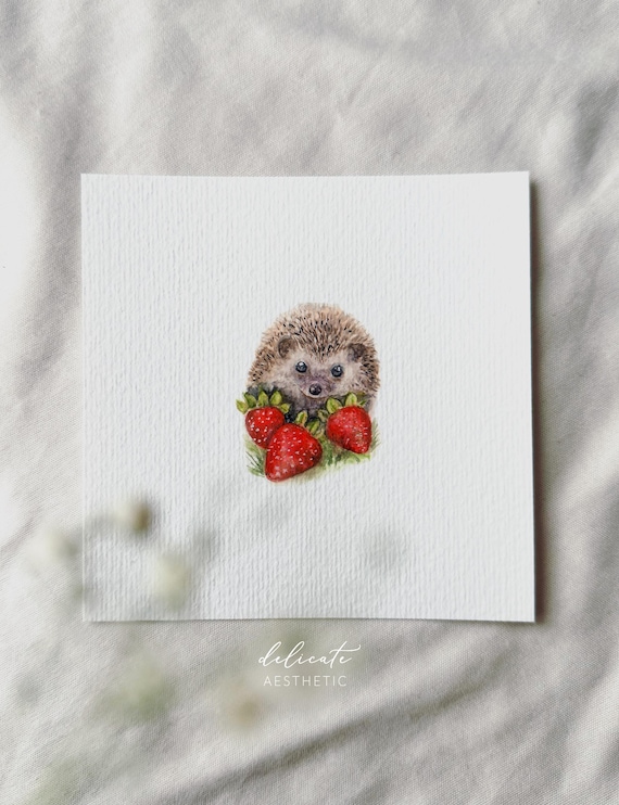 Hedgehog in a Strawberry Garden - Miniature Art Print - Print after my original watercolor | DelicateAesthetic