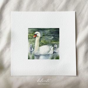 Juntos en el agua: Cisnes - impresión artística en miniatura - impresión según mi acuarela original | Estética delicada