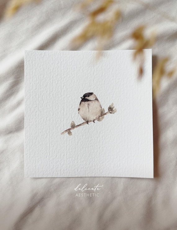 Black-capped Chickadee on a Branch | Miniature Art Print | Print from my Original Watercolor | DelicateAesthetic