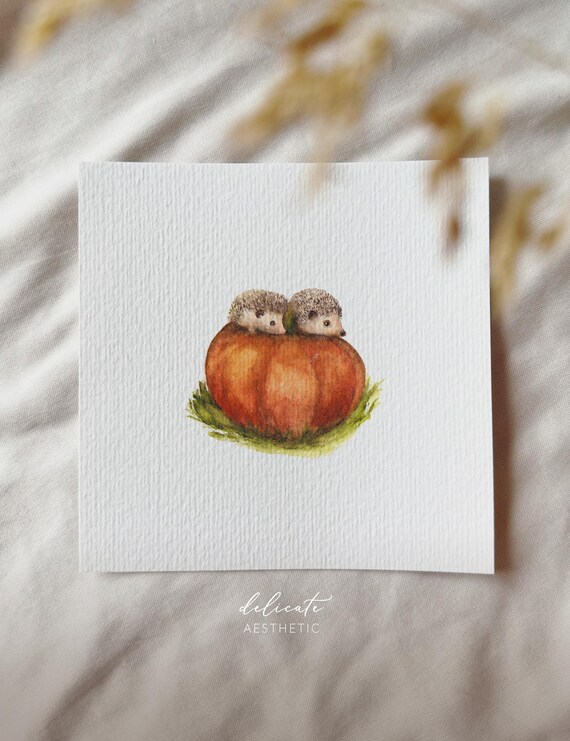 Autumnal pumpkin gathering: two hedgehogs on a pumpkin - miniature art print - print after my original watercolor | DelicateAesthetic