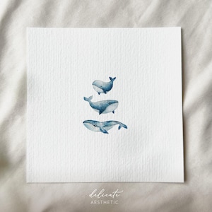 クジラの家族 - ミニチュアアートプリント - 私のオリジナルの水彩画を元にプリント |繊細な美学