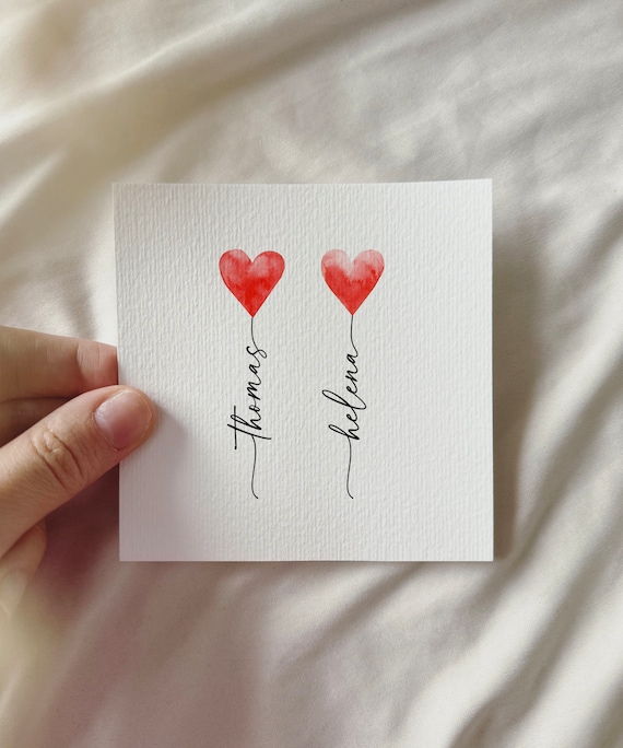 Individual personalized miniature watercolor art print with heart balloons, name card, Valentine's Day, anniversary, wedding, loving couple