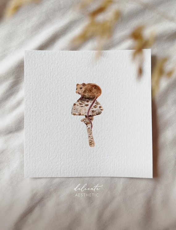 Little Explorer: Field Mouse in Mushroom Paradise | Miniature Art Print | Print after my Original Watercolor | DelicateAesthetic