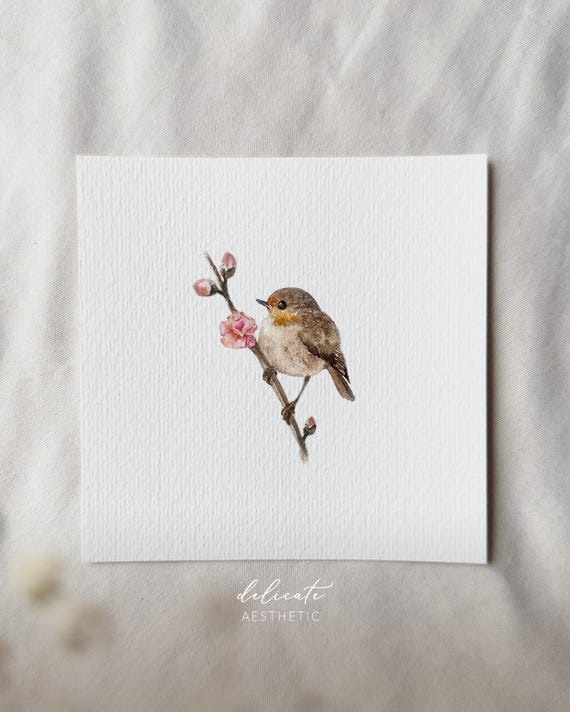 Robin on a flowering branch - Miniature art print - Print from my original watercolor | DelicateAesthetic