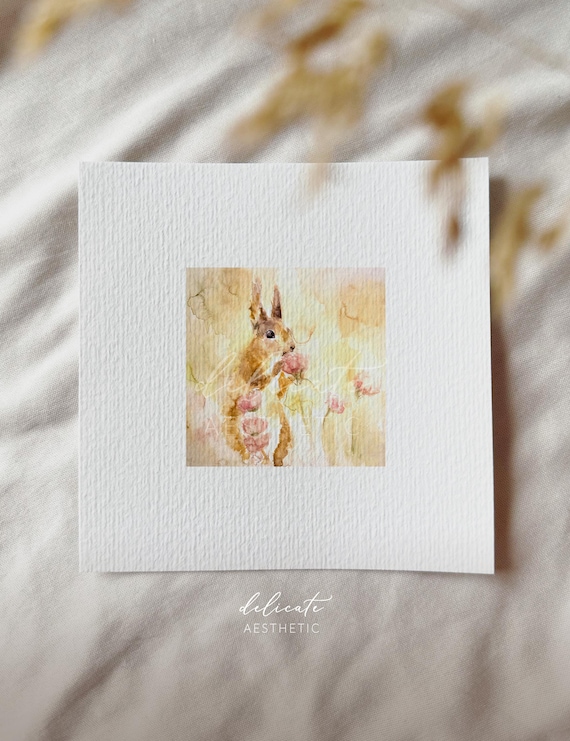 Squirrel in a flower field - Miniature art print - Print from my original watercolor | DelicateAesthetic