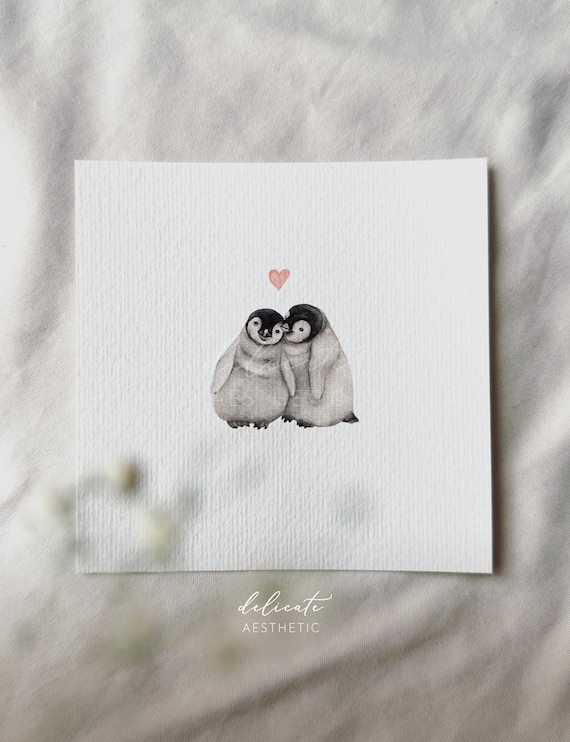 Penguin Love in Antarctica - Miniature Art Print - Print from my Original Watercolor | DelicateAesthetic