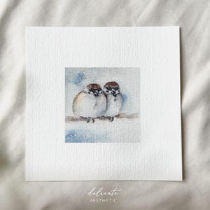 Winterfreude: Sperlinge im Winter - Miniatur Kunstdruck - Druck nach meinem Original Aquarell | DelicateAesthetic