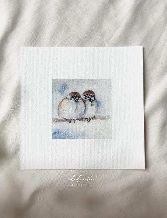 Winter Joy: Sparrows in Winter - Miniature Art Print - Print after my Original Watercolor | DelicateAesthetic