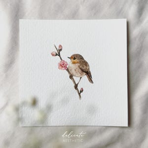 Petirrojo en una rama en flor - impresión artística en miniatura - impresión según mi acuarela original | Estética delicada