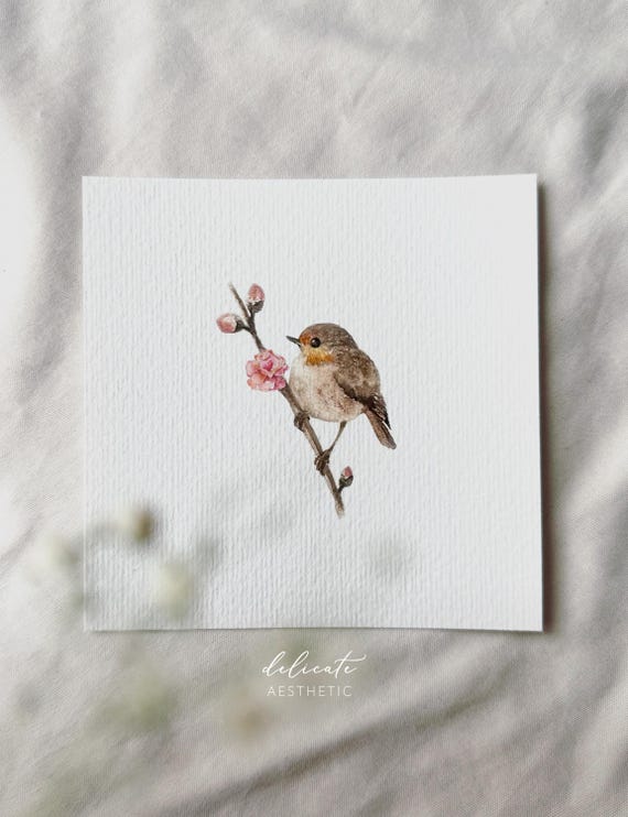 Robin on a flowering branch - miniature art print - print from my original watercolor | DelicateAesthetic