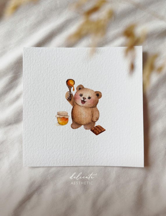 The Little Sweet Tooth Bear - Miniature Art Print - Print based on my original watercolor - DelicateAesthetic