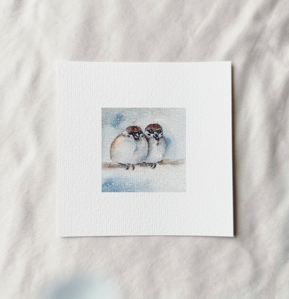 Sparrows in Winter - Miniature Art Print - Print from my Original Watercolor | DelicateAesthetic