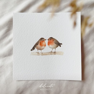Corações esvoaçantes: tordos apaixonados - impressão artística em miniatura - impressão baseada na minha aquarela original | Estética Delicada