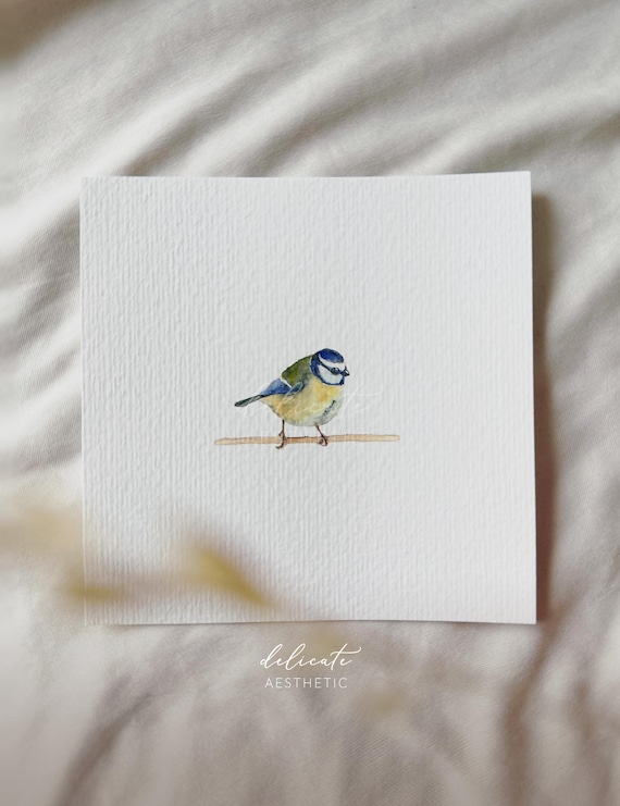 Delicate forest dweller: Blue tit on a branch - miniature art print - print from my original watercolor | DelicateAesthetic