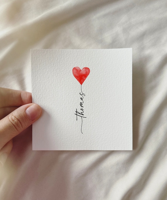 Individual personalized miniature watercolor art print with heart balloon, name card, Valentine's Day, anniversary, wedding, partner