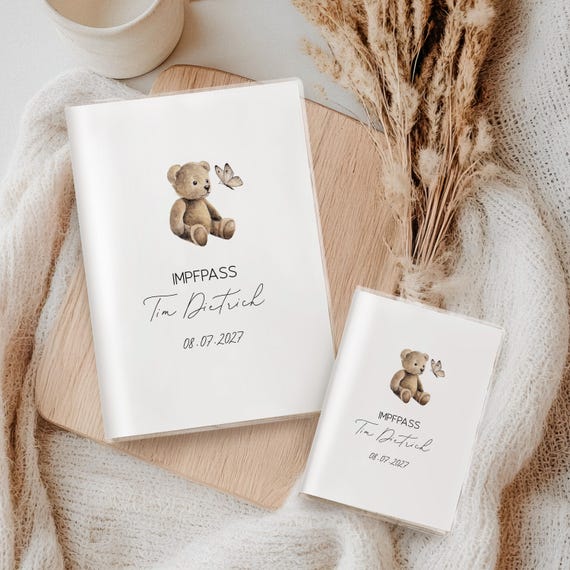 Personalized Watercolor Baby Record Booklet & Vaccination Card Cover - Teddy Bear with Butterfly, Baby Gift for Birth, Neutral - DelicateAesthetic