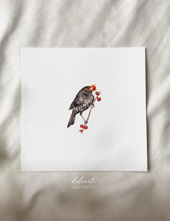The Snacking Blackbird - Miniature Art Print - Print after my Original Watercolor | DelicateAesthetic