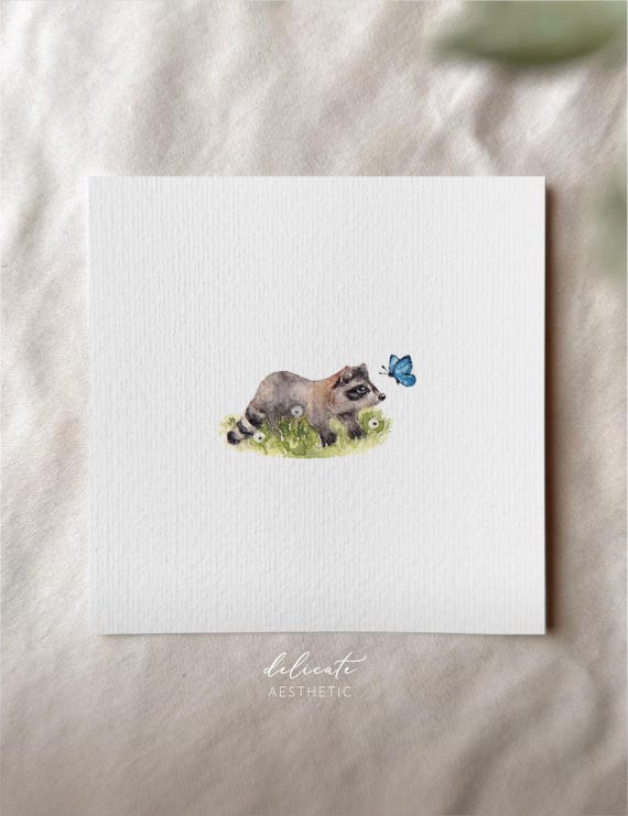Raccoon and Butterfly - Miniature Art Print - Print from my Original Watercolor | DelicateAesthetic