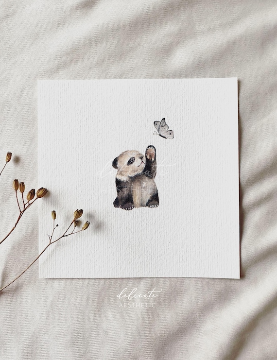 Fairytale Encounter: Panda Bear and Butterfly - Miniature Art Print - Print from my Original Watercolor | DelicateAesthetic