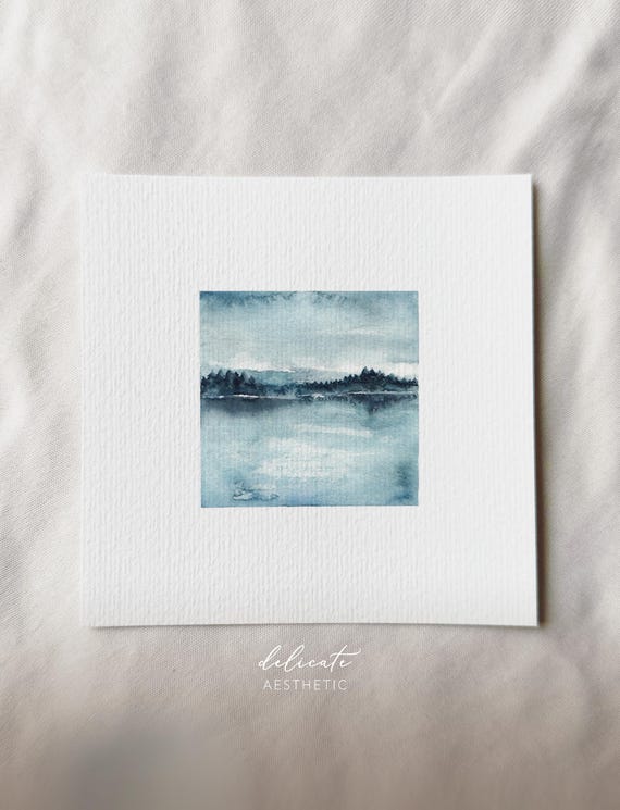 Forest noise at the lake | Lake landscape | Miniature art print | Print after my original watercolor painting | DelicateAesthetic