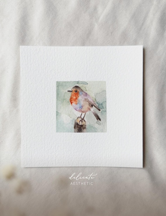 Watercolor robin in spring | Miniature art print | Print after my original watercolor | DelicateAesthetic