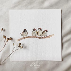Gorriones en la rama - impresión artística en miniatura - impresión según mi acuarela original | Estética delicada